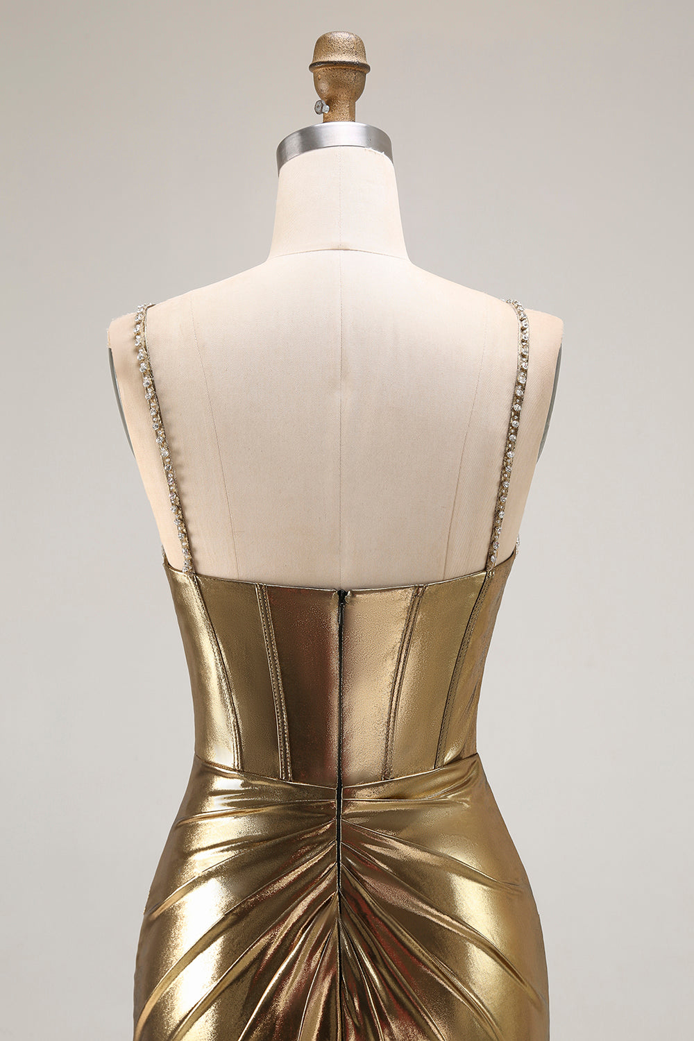 Golden Satin Mermaid Cut Out Ruched Metallic Prom Dress