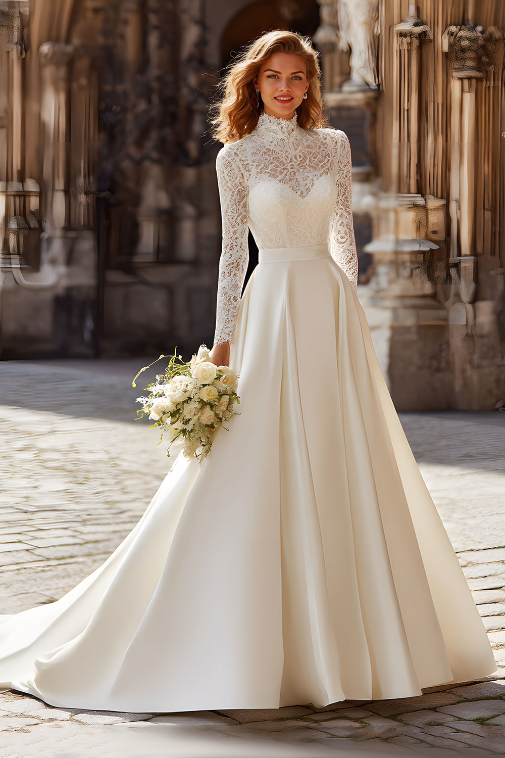 Modest A-Line Ivory High Neck Long Sleeve Wedding Dress