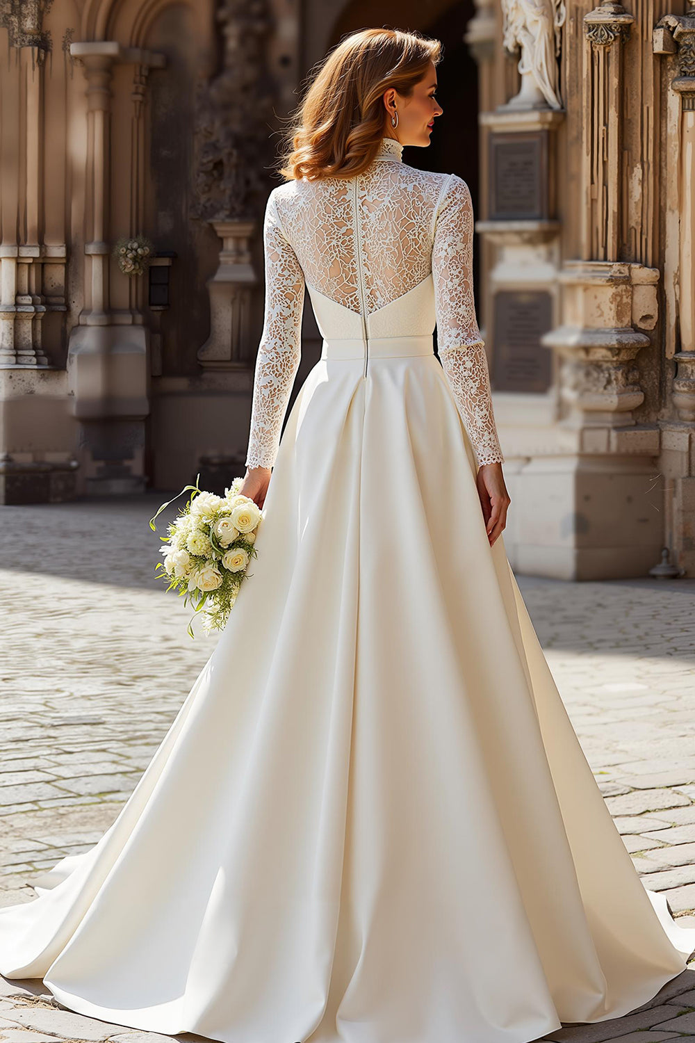 Modest A-Line Ivory High Neck Long Sleeve Wedding Dress