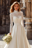 Modest A-Line Ivory High Neck Long Sleeve Wedding Dress