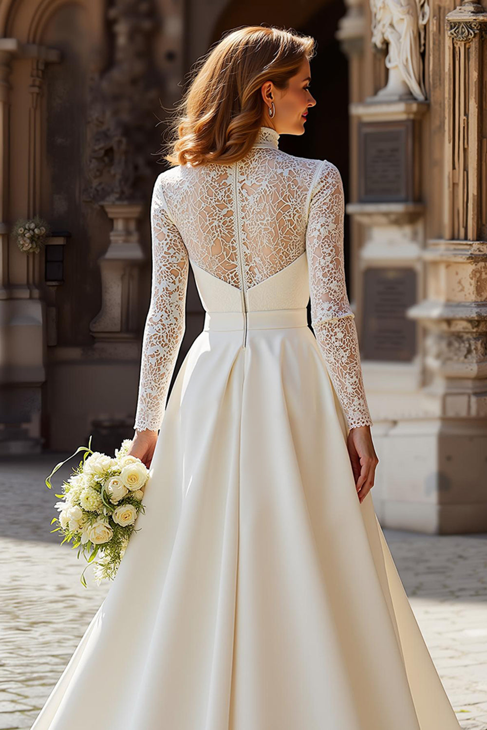 Modest A-Line Ivory High Neck Long Sleeve Wedding Dress