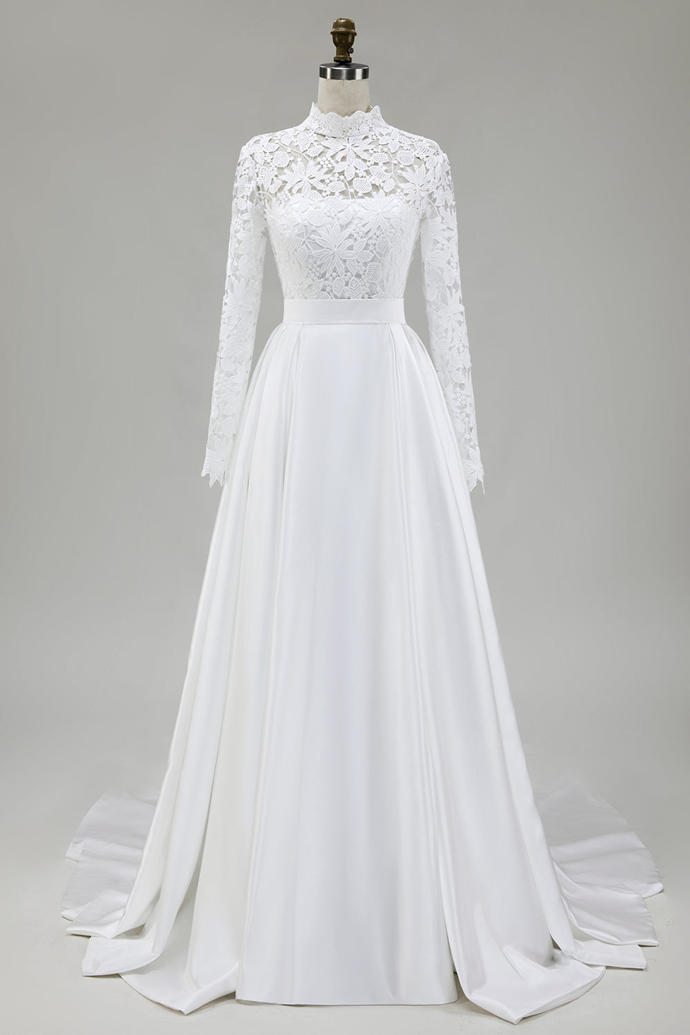 Ivory A-Line High Neck Modest Wedding Dress With Lace