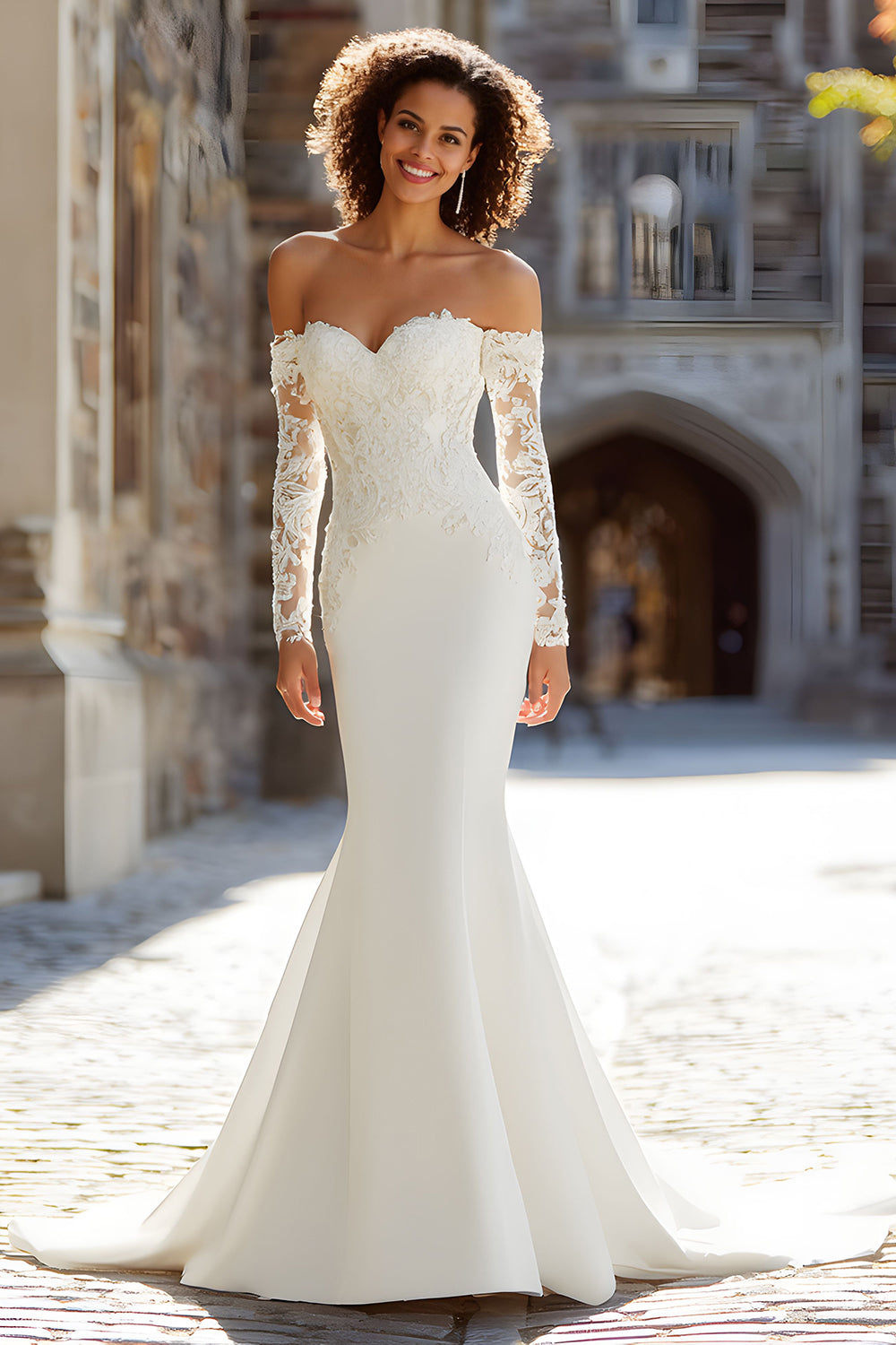 White Long Sleeve Mermaid Wedding Dress with Lace