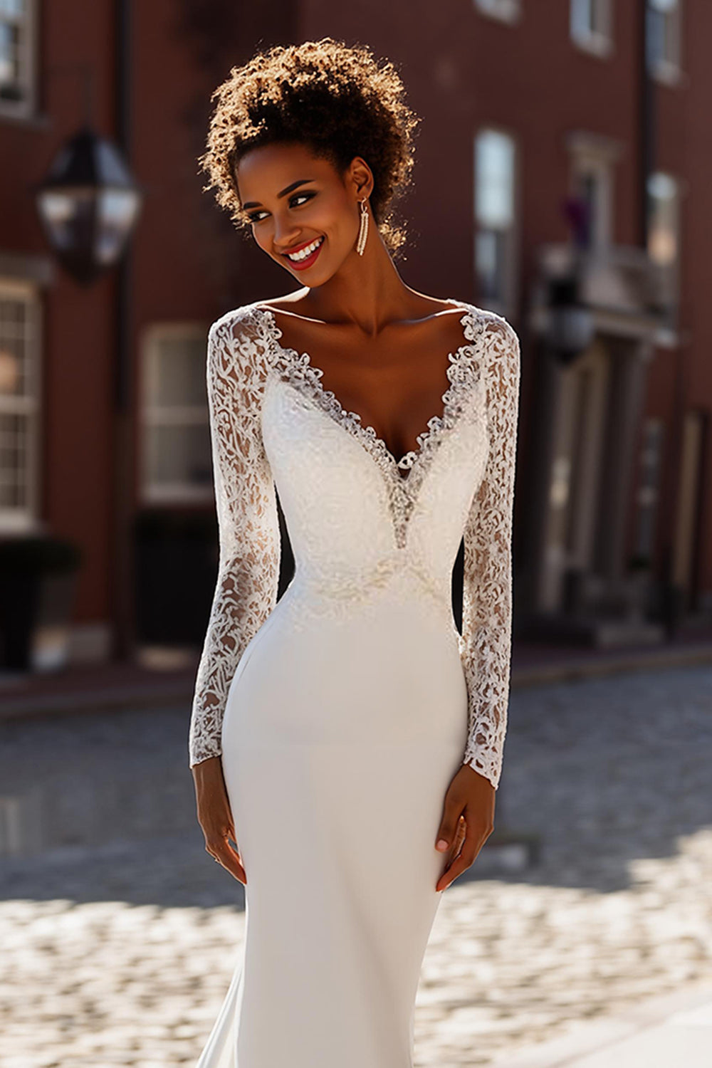 White Mermaid V-Neck Wedding Dress With Lace