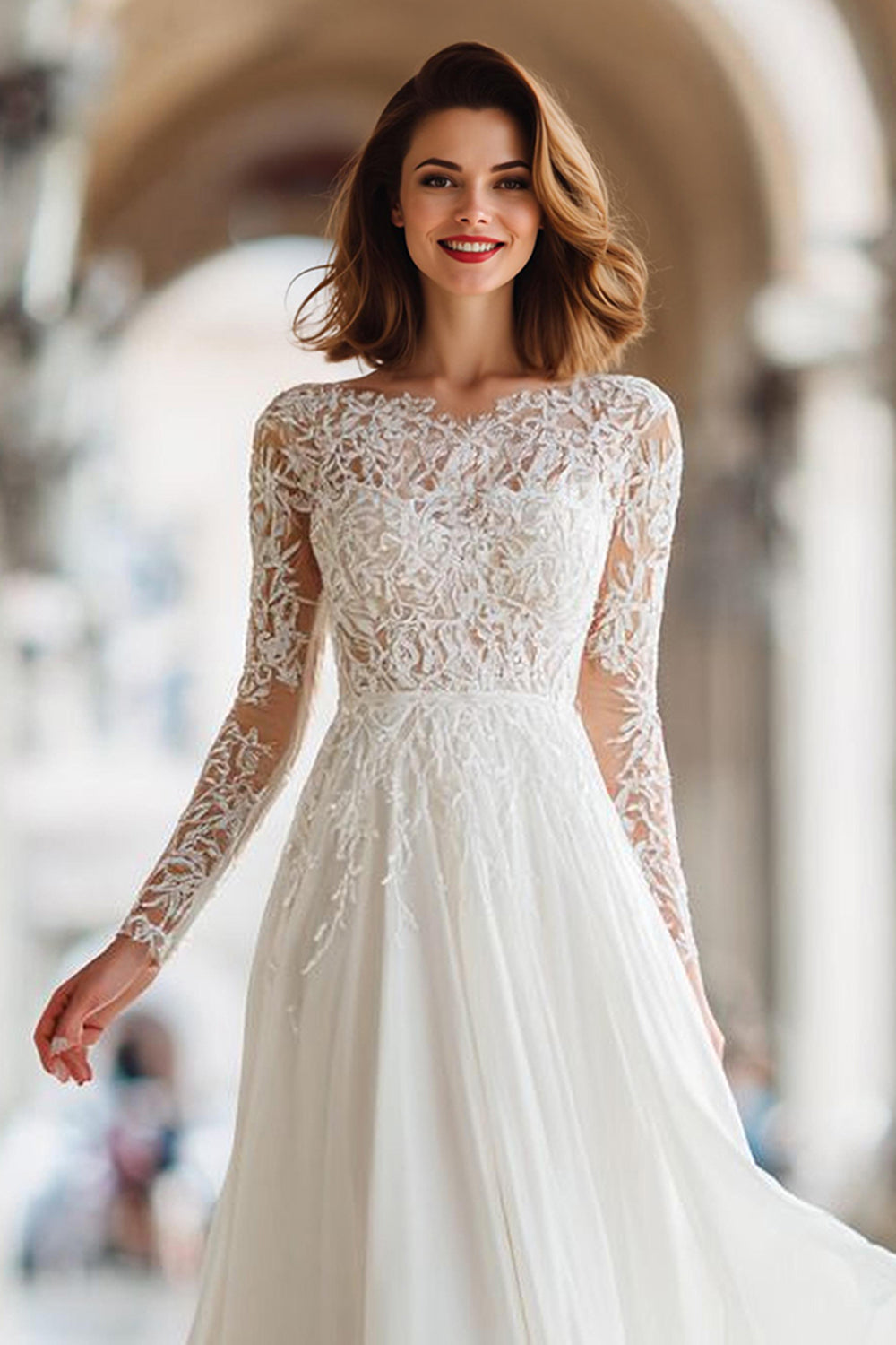 Ivory A-Line Long Sleeve Wedding Dress With Lace Appliques