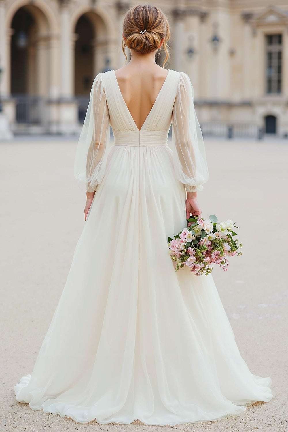 White V-Neck A-Line Long Sleeve Wedding Dress