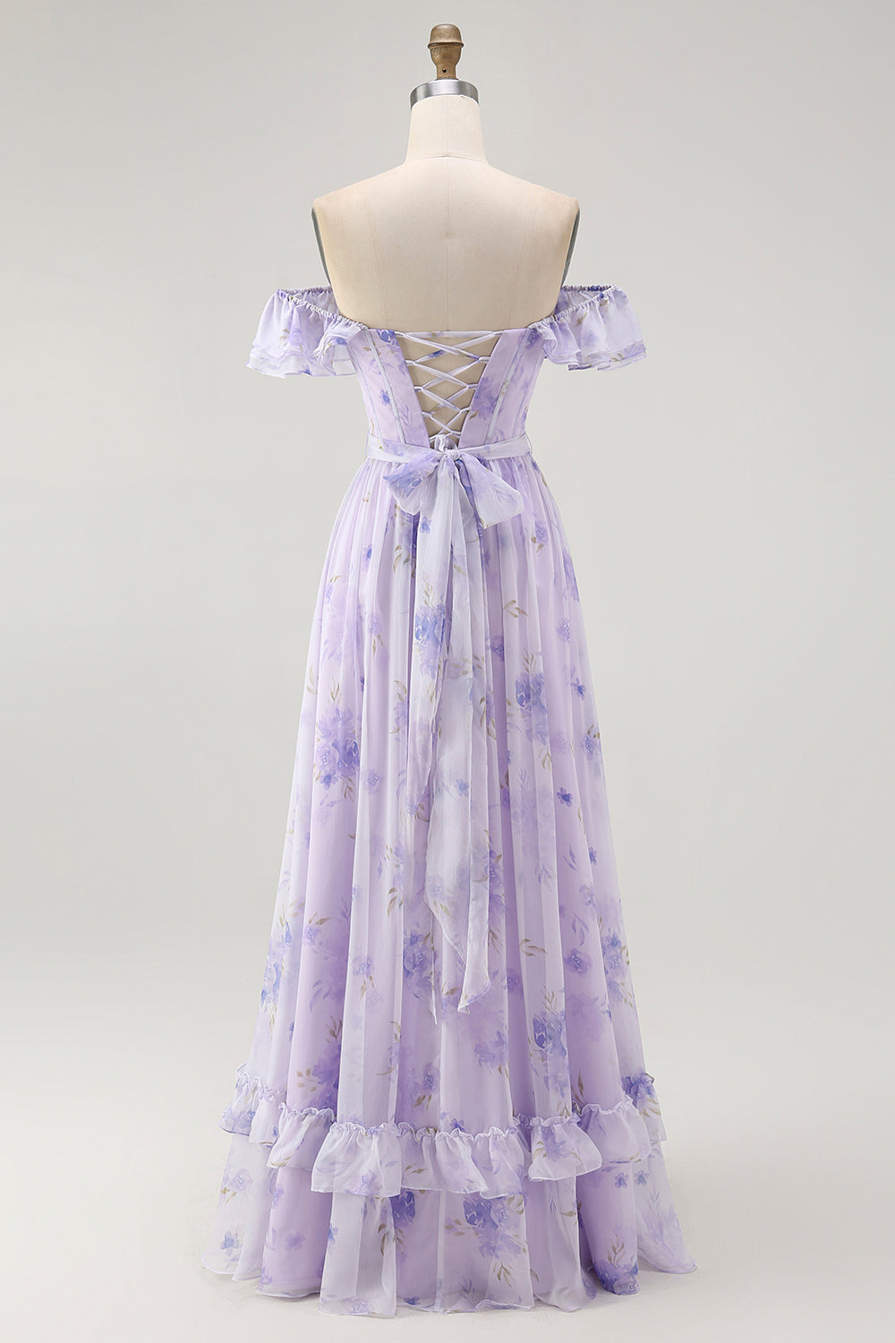 Lilac A-Line Off The Shoulder Ruffle Print Floral Long Bridesmaid Dress with Slit