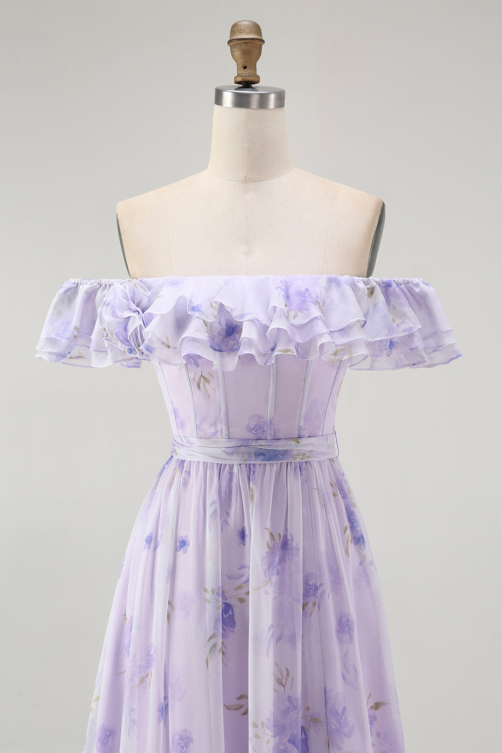 Lilac A-Line Off The Shoulder Ruffle Print Floral Long Bridesmaid Dress with Slit