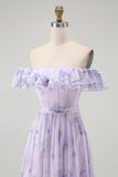 Lilac A-Line Off The Shoulder Ruffle Print Floral Long Bridesmaid Dress with Slit