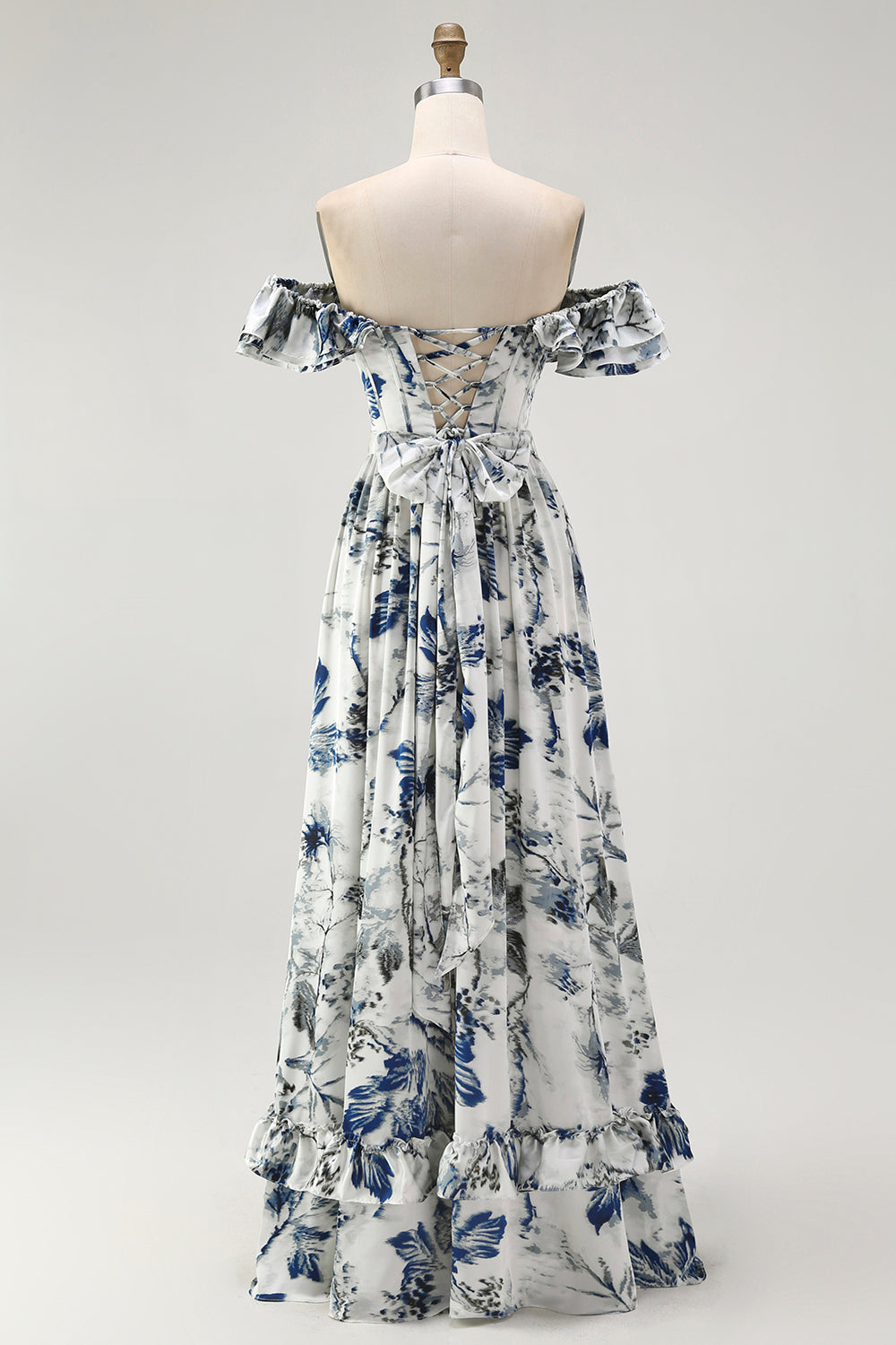 Blue Porcelain Off-Shoulder A-Line Ruffle Print Floral Long Bridesmaid Dress with Slit