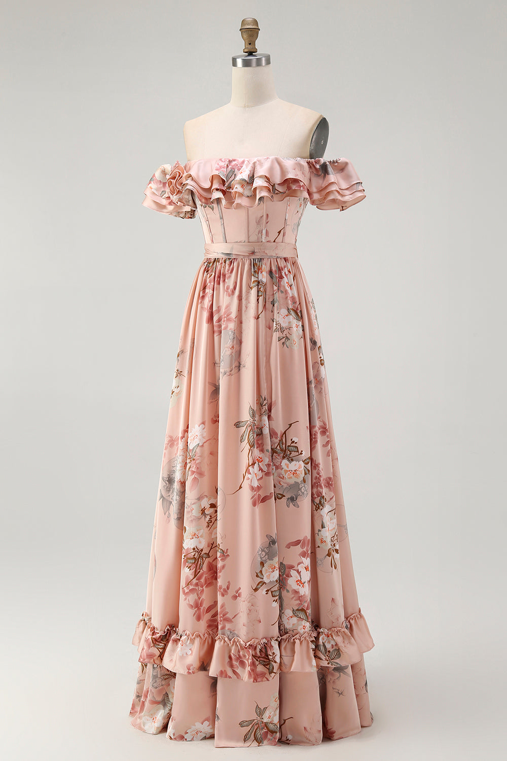 Blush Floral A-Line Off The Shoulder Ruffle Chiffon Long Bridesmaid Dress with Slit