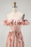 Blush Floral A-Line Off The Shoulder Ruffle Chiffon Long Bridesmaid Dress with Slit