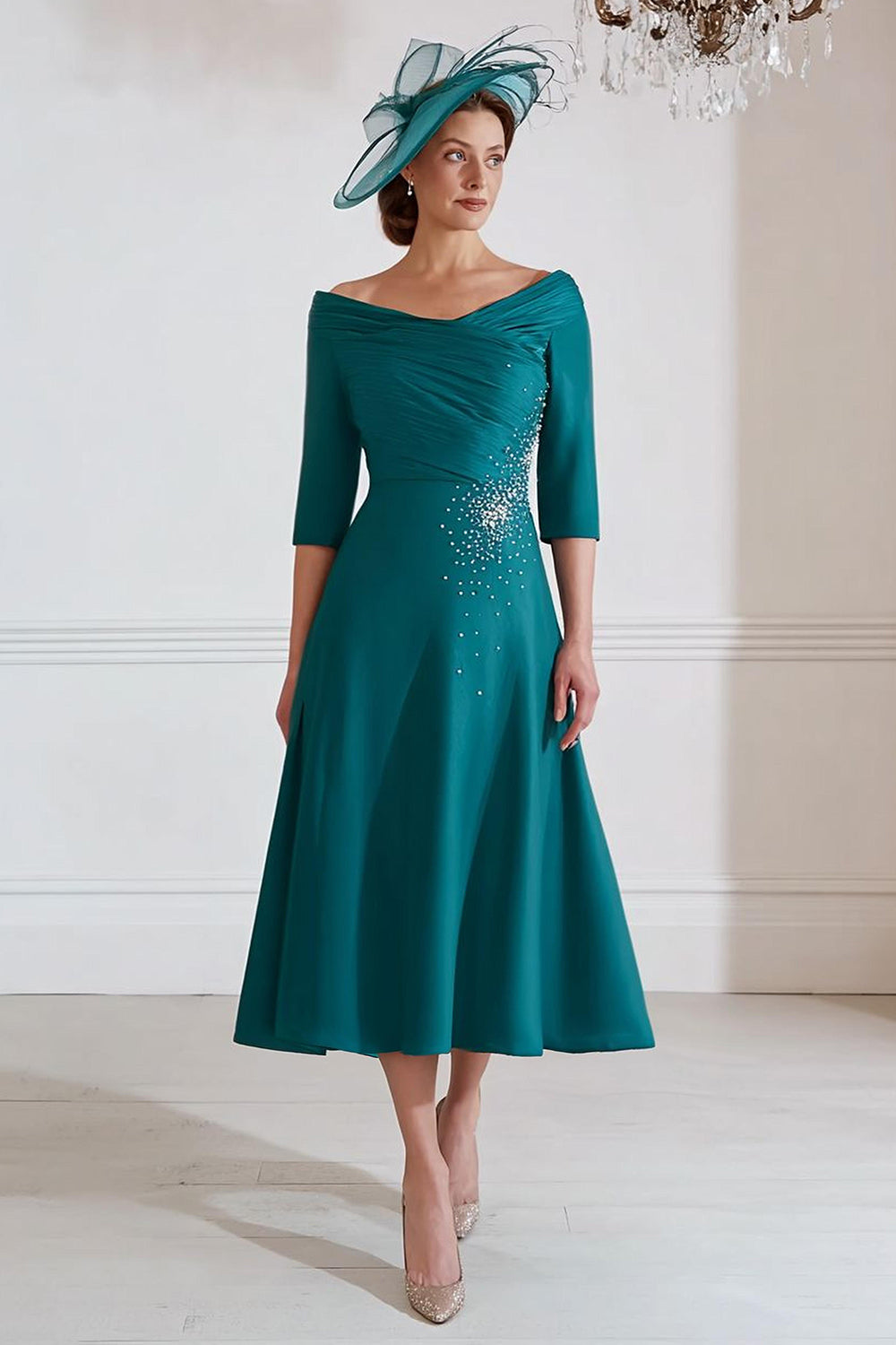 Peacock Green A Line Midi Mother of the Bride Dress with Half Sleeves