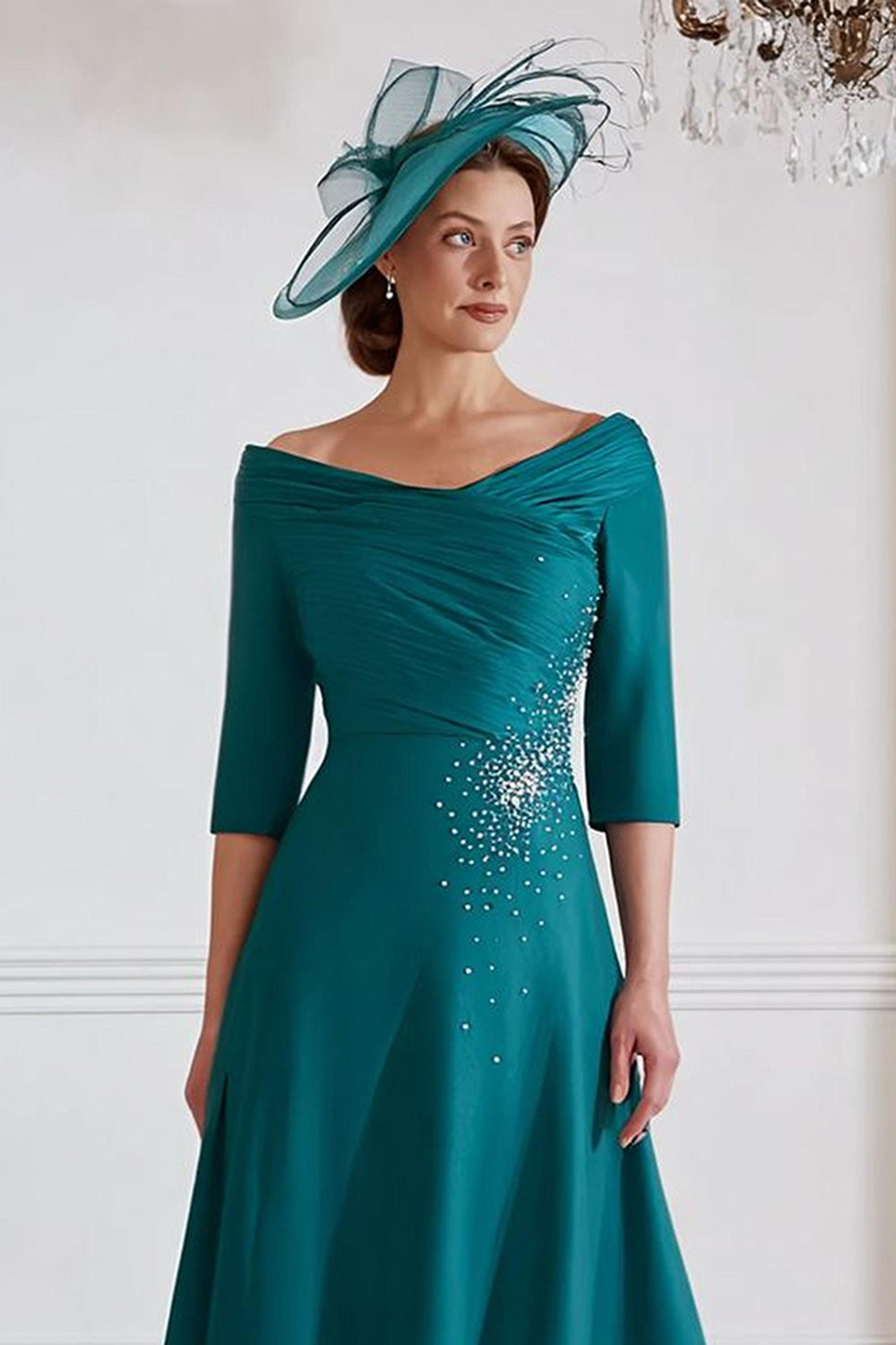 Peacock Green A Line Midi Mother of the Bride Dress with Half Sleeves