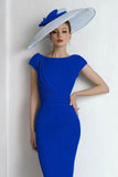Sheath Chiffon Blue Bateau Mother of the Bride Dress with Cap Sleeves