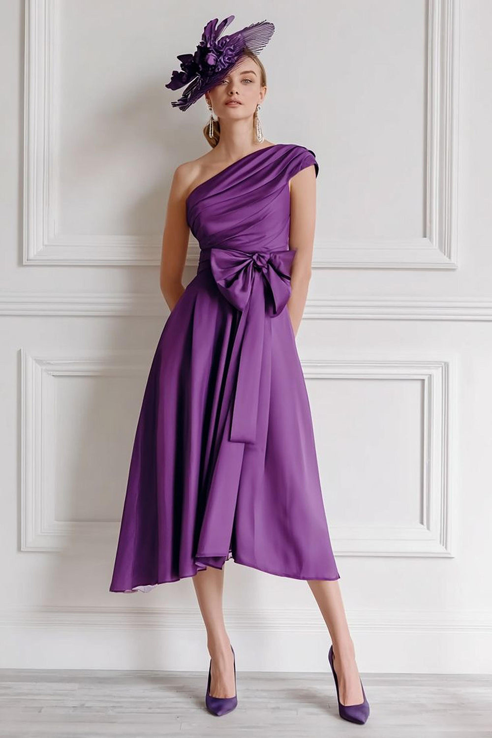 Chiffon Grape One Shoulder A Line Mother of the Bride Dress with Bowknot
