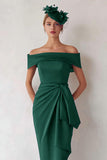 Off the Shoulder Dark Green Sheath Ruched Mother of the Bride Dress