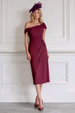 Off the Shoulder Burgundy Sheath Chiffon Midi Mother of the Bride Dress