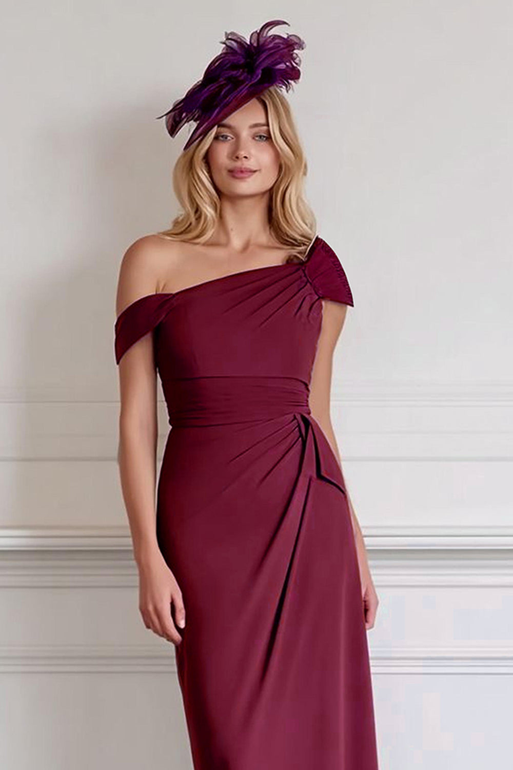 Off the Shoulder Burgundy Sheath Chiffon Midi Mother of the Bride Dress