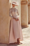 Candy Pink A Line High Neck Long Mother of the Bride Dress with Lace