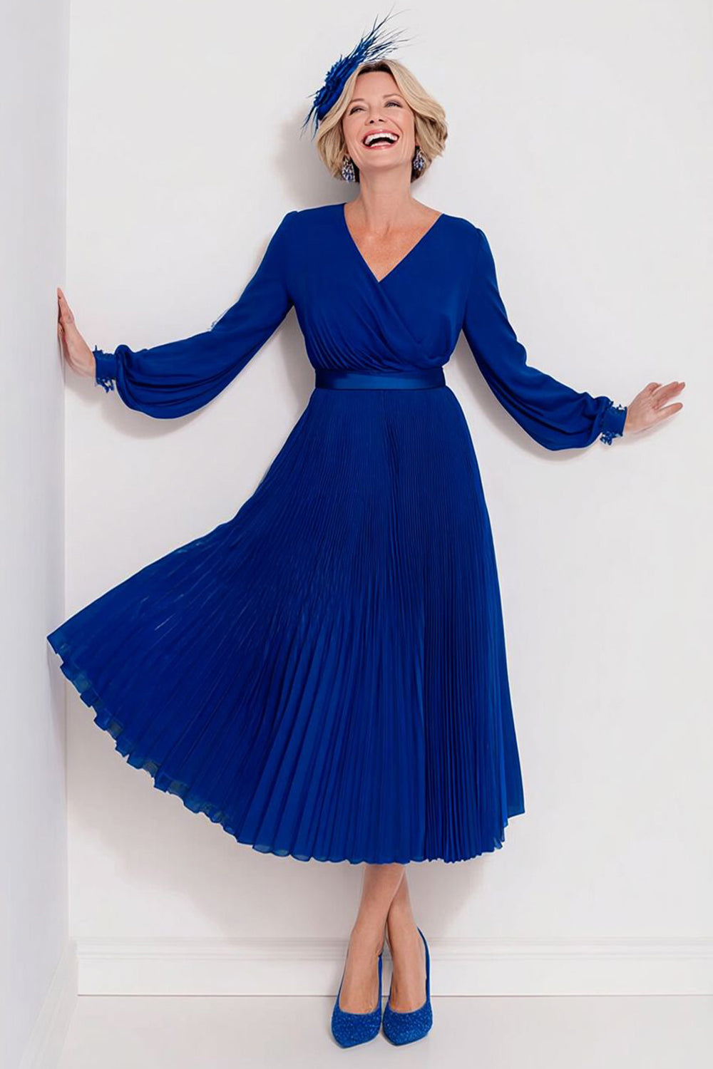 Dark Blue Chiffon A Line Pleated V-Neck Long Sleeves Mother of the Bride Dress