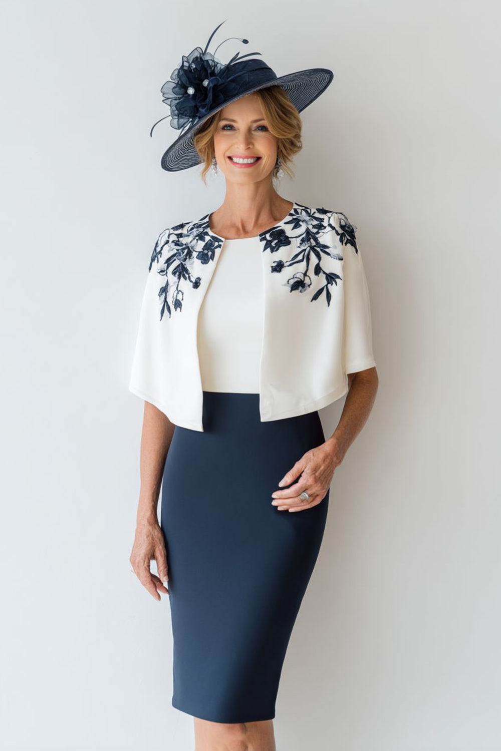2 Piece Floral Navy Satin Bodycon Short Mother of the Bride Dress
