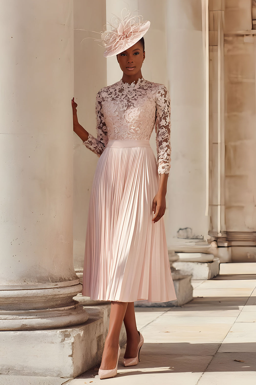 Blush Pink Chiffon A Line Pleated Midi Mother of the Bride Dress with Lace