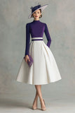 Plum Satin A Line High Neck Midi Mother of the Bride Dress with Sleeves