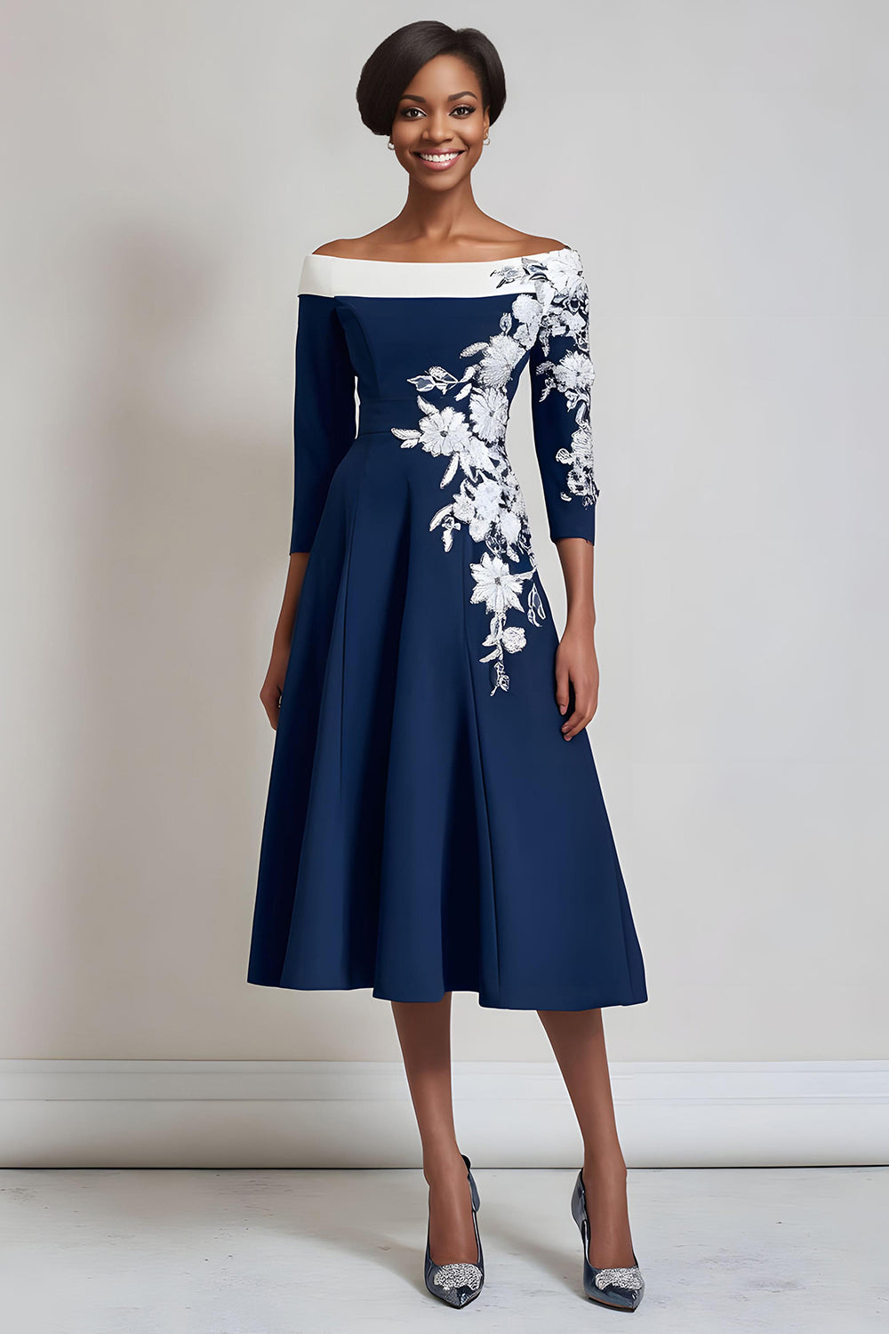 Floral Navy A Line Satin Midi Mother of the Bride Dress with Appliques