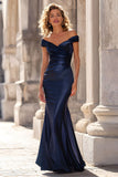 Navy Taffeta Mermaid Off the Shoulder Long Mother of the Bride Dress