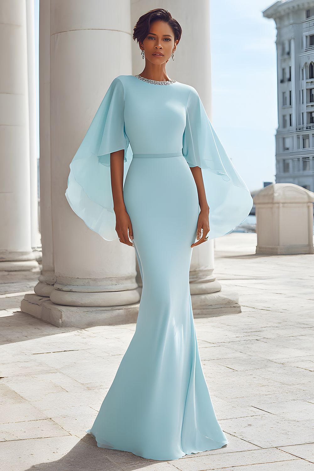 Light Blue Mermaid Beaded Round Neck Maxi Mother of the Bride Dress with Cape