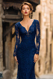 Navy Lace Mermaid V-Neck Maxi Mother of the Bride Dress with Sleeves