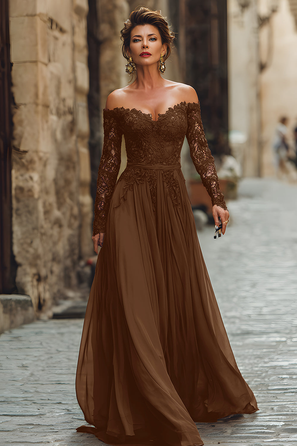Cabernet A Line Off the Shoulder Long Mother of the Bride Dress with Lace
