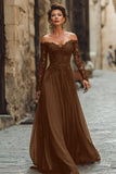 Cabernet A Line Off the Shoulder Long Mother of the Bride Dress with Lace
