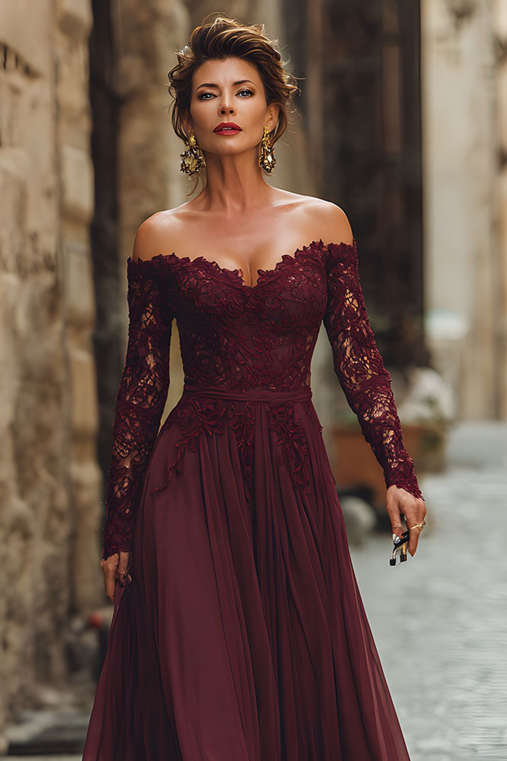 Cabernet A Line Off the Shoulder Long Mother of the Bride Dress with Lace