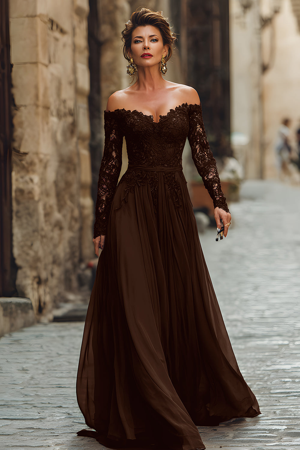 Cabernet A Line Off the Shoulder Long Mother of the Bride Dress with Lace