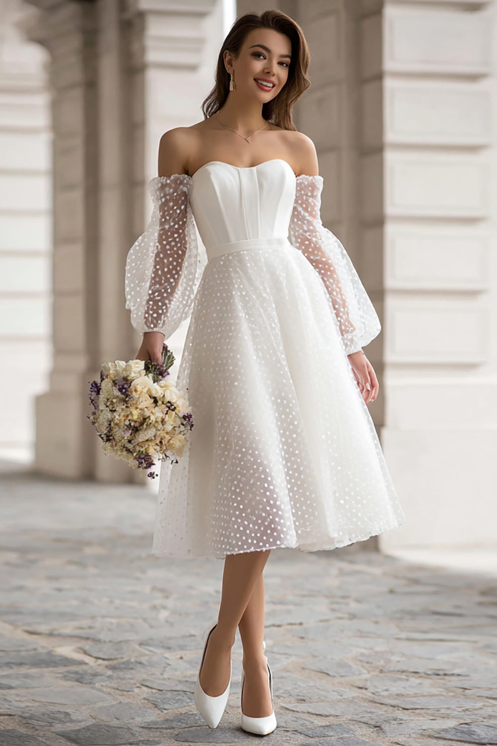 Ivory Polka Dot A-Line Off The Shoulder Bridal Shower Dress With Removable Sleeves