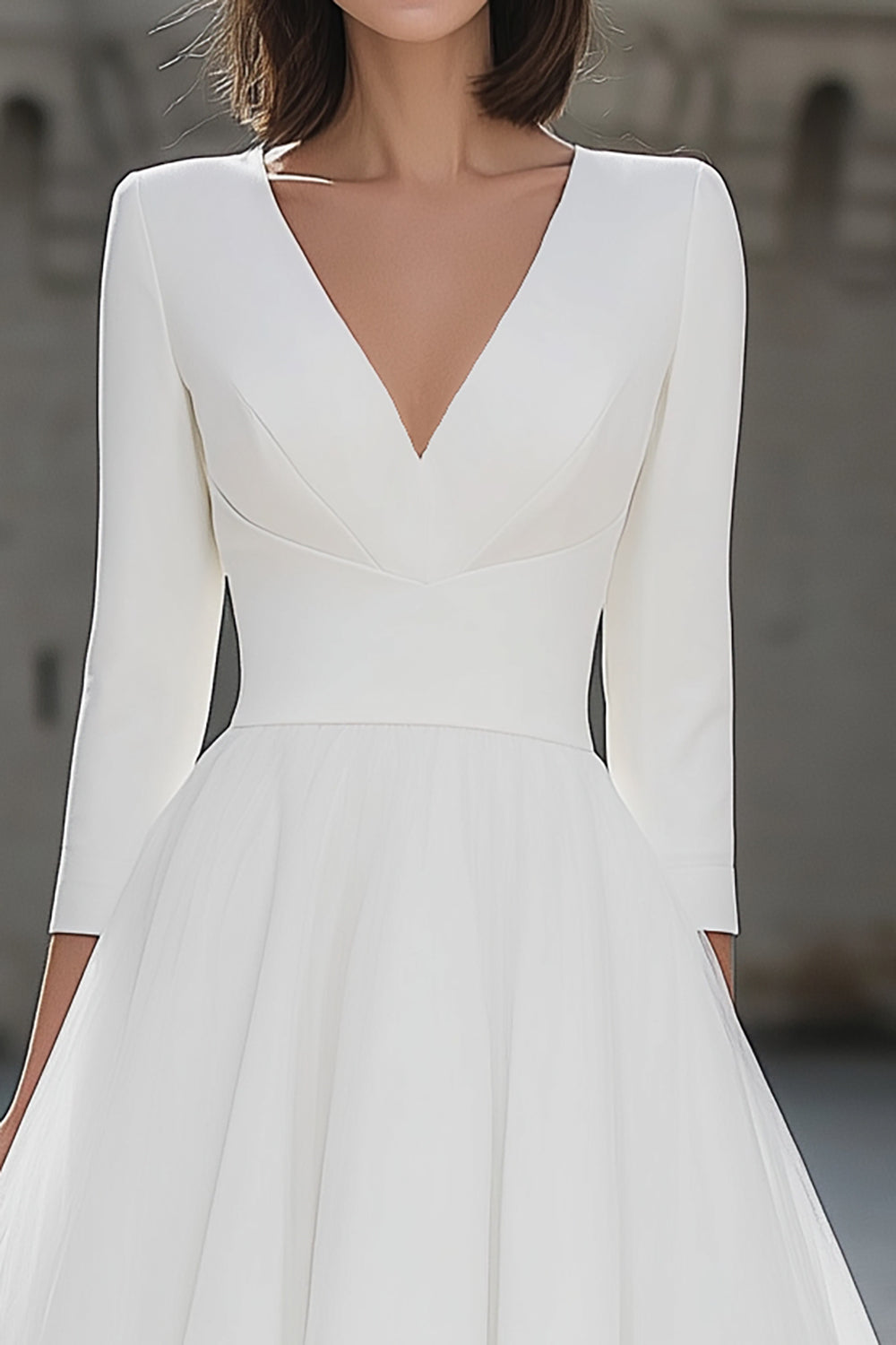 Ivory V-Neck A-Line Midi Engagement Dress With 3/4 Sleeves
