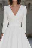 Ivory V-Neck A-Line Midi Engagement Dress With 3/4 Sleeves