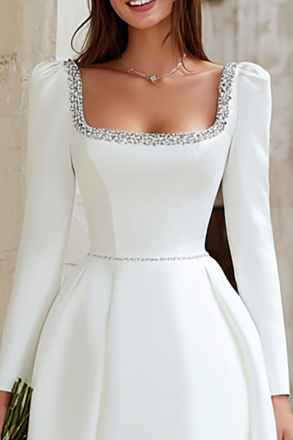 Ivory Beaded A-Line Square Neck Long Sleeve Bridal Shower Dress