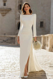 Ivory Ruched Long Sleeve Mermaid Engagement Dress With Slit