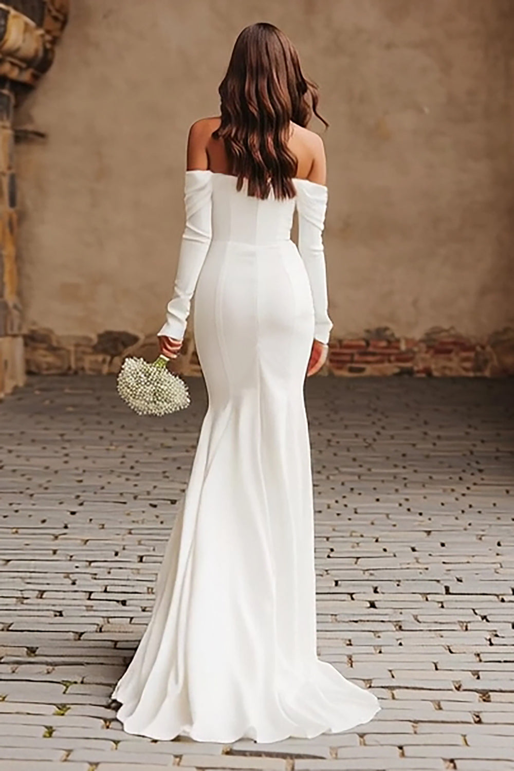 Mermaid Off The Shoulder Ivory Long Sleeve Wedding Dress With Slit