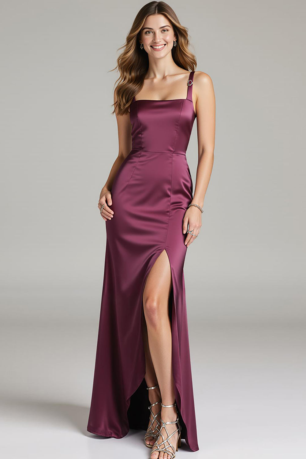Burgundy Mermaid Satin Maxi Evening Dress With Slit