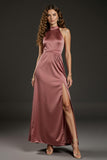 Cabernet Satin Halter Maxi Evening Dress with Slit