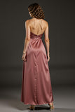 Cabernet Satin Halter Maxi Evening Dress with Slit