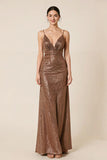 Coffee Sequin Sheath V Neck Long Evening Dress