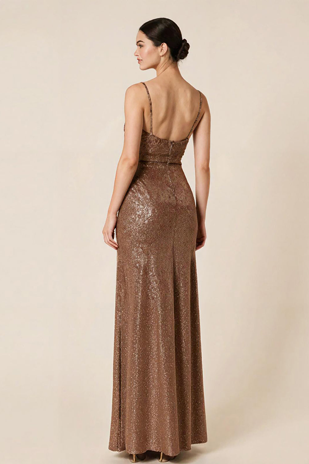 Coffee Sequin Sheath V Neck Long Evening Dress