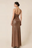 Coffee Sequin Sheath V Neck Long Evening Dress