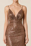 Coffee Sequin Sheath V Neck Long Evening Dress