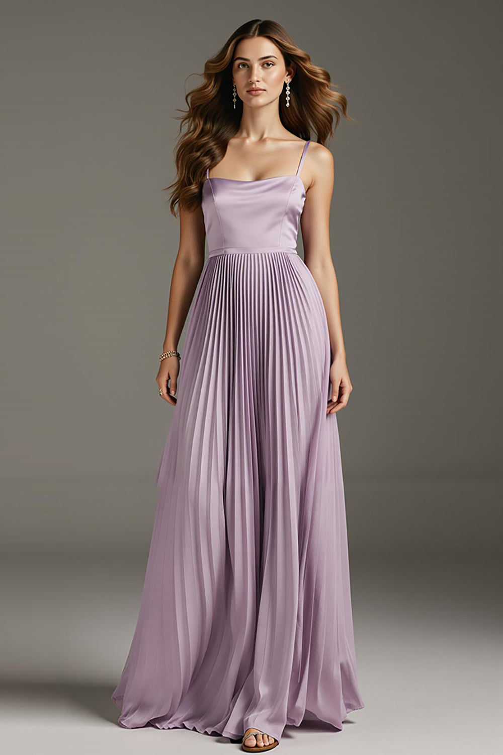 Light Purple A Line Pleated Satin Long Evening Dress